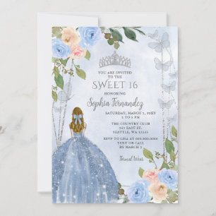 Dusty Blue Silver Floral Princess Sweet 16 Einladung