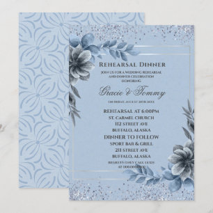 Dusty Blue Silver Floral Probe Dinner Einladung