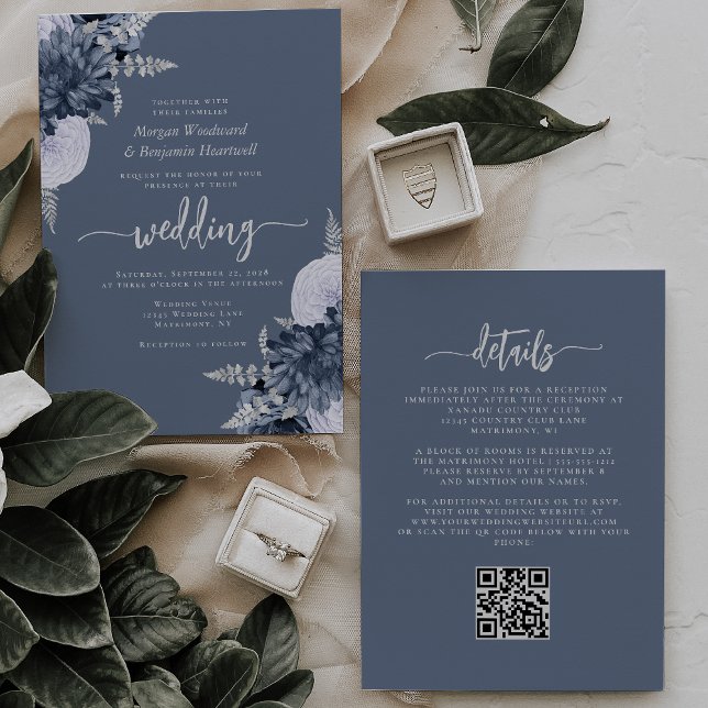 Dusty Blue Silver Floral QR Code Wedding Einladung (Von Creator hochgeladen)