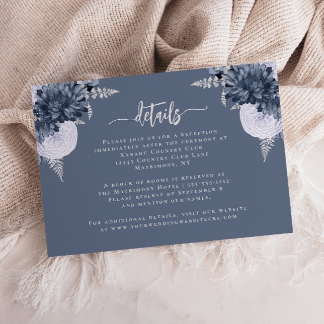 Dusty Blue Silver Floral Wedding Details Begleitkarte (Von Creator hochgeladen)