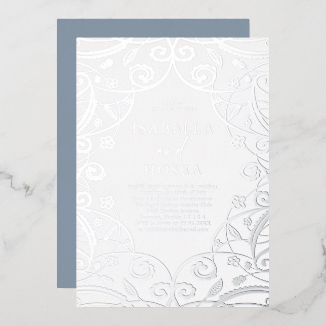 Dusty Blue Silver Foil Floral Lace Wedding Folieneinladung (Vorderseite/Rückseite)
