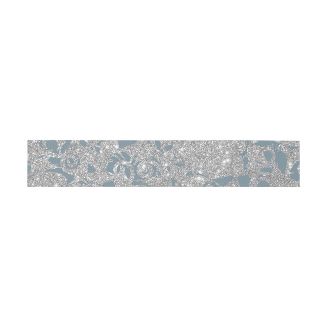 Dusty Blue Silver GlitterFloral Einladungsbanderole (Flach)