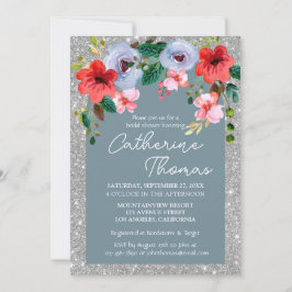 Dusty Blue Silver Glitzer Aquarell Blumenstrauch Einladung