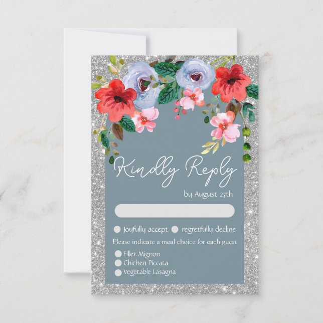 Dusty Blue Silver Glitzer Aquarell Blumenstrauch RSVP Karte (Vorderseite)