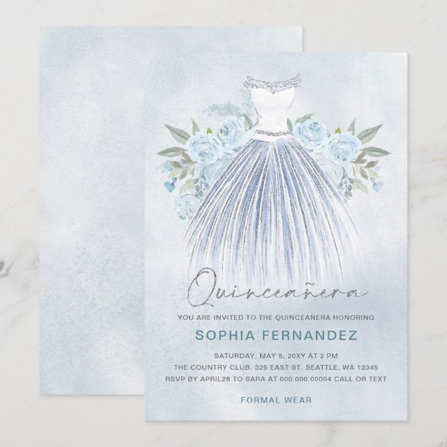 Dusty Blue Silver Glitzer Blumenkleid Quinceañera Einladung (Vorne/Hinten)