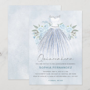Dusty Blue Silver Glitzer Blumenkleid Quinceañera Einladung