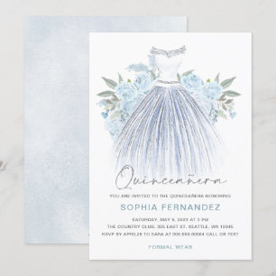 Dusty Blue Silver Glitzer Blumenkleid Quinceañera Einladung