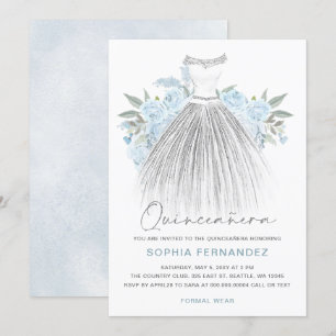 Dusty Blue Silver Glitzer Blumenkleid Quinceañera Einladung