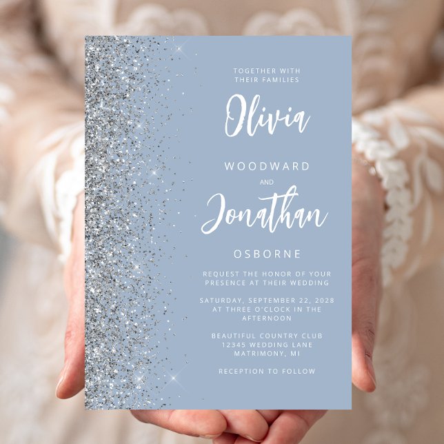 Dusty Blue Silver Glitzer Calligraphy Wedding Einladung (Von Creator hochgeladen)