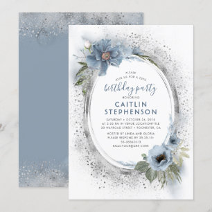 Dusty Blue Silver Glitzer Floral Birthday Party Einladung