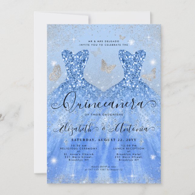Dusty Blue Silver Glitzer Gown Twin Quinceanera Einladung (Vorderseite)