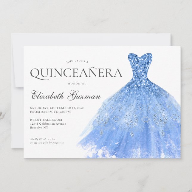 Dusty Blue Silver Glitzer Gown Twin Quinceanera Einladung (Vorderseite)