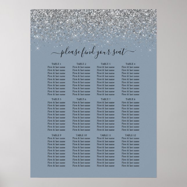 Dusty Blue & Silver Glitzer Hochzeitskarte Poster (Vorne)
