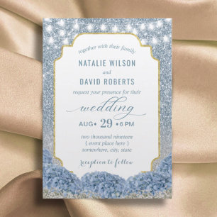 Dusty Blue & Silver Glitzer Moderne Blumenhochzeit Einladung