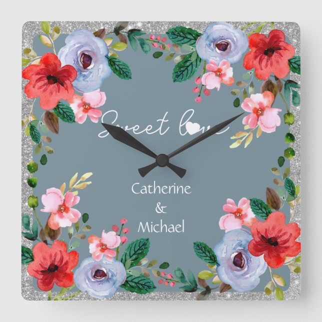 Dusty Blue Silver Glitzer Wasserfarben Quadratische Wanduhr (Vorderseite)