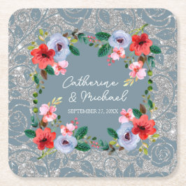 Dusty Blue Silver Glitzer Wasserfarben Rechteckiger Pappuntersetzer