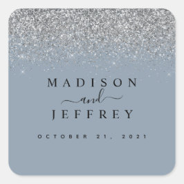 Dusty Blue & Silver Glitzer Wedding Quadratischer Aufkleber