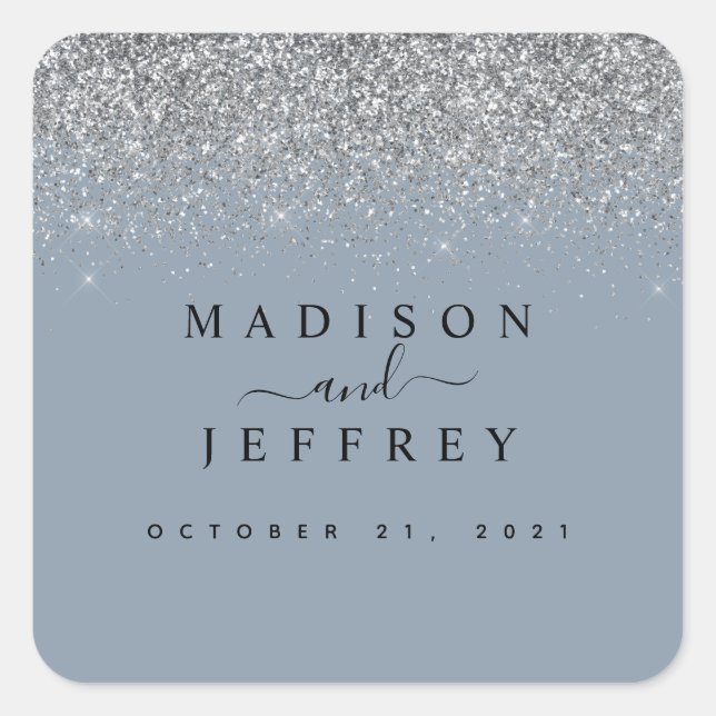 Dusty Blue & Silver Glitzer Wedding Quadratischer Aufkleber (Vorderseite)