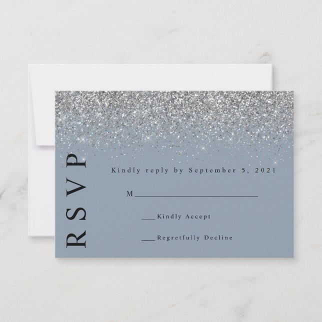 Dusty Blue & Silver Glitzer Wedding RSVP Card Karte (Vorderseite)