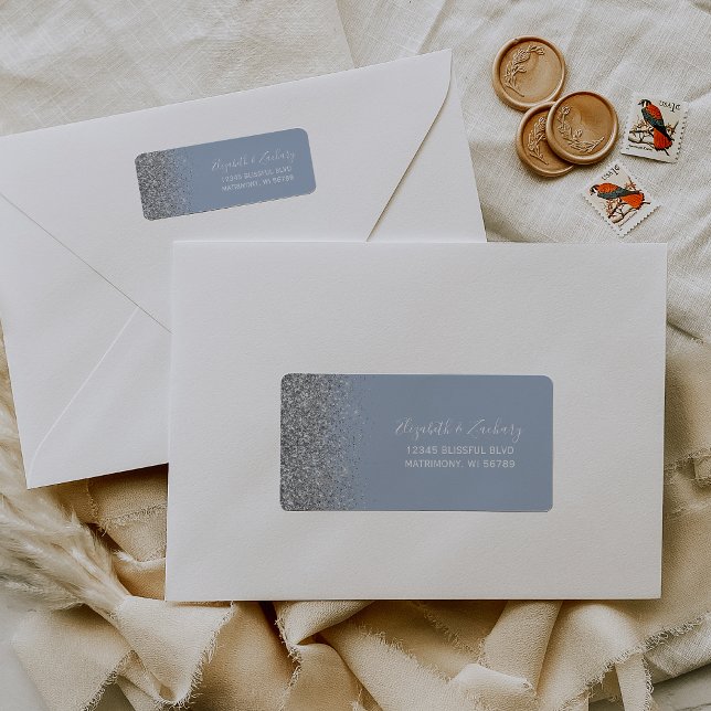 Dusty Blue Silver Glitzer Wedding Rücksendeadresse (Von Creator hochgeladen)