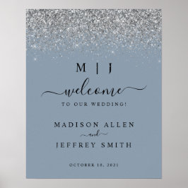 Dusty Blue & Silver Glitzer Wedding Welcome Sign Poster