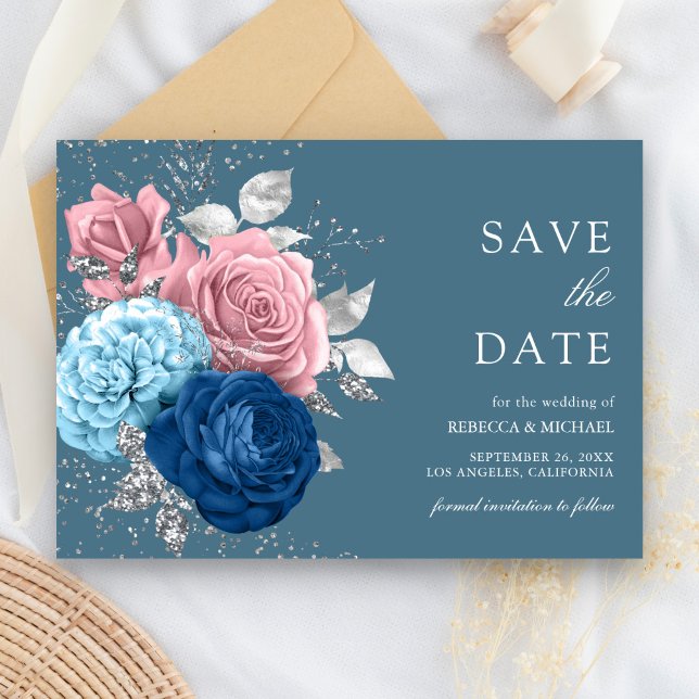 Dusty Blue Silver Pink Floral Wedding Save The Date (Von Creator hochgeladen)