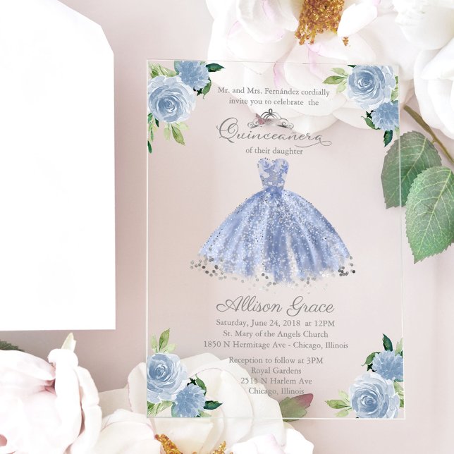 Dusty Blue Silver Princess Dress Quinceañera Acryleinladungen (Von Creator hochgeladen)