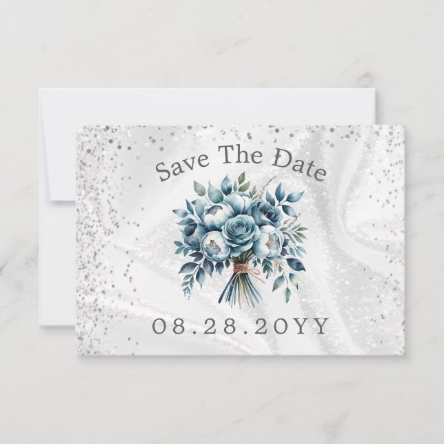 Dusty Blue Silver Rose Save the Date Card (Vorderseite)