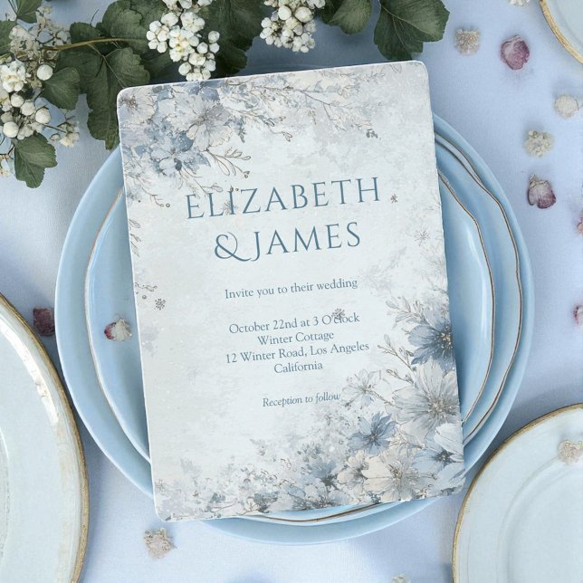 Dusty Blue Silver Rose Winter Floral Wedding Einladung (Von Creator hochgeladen)