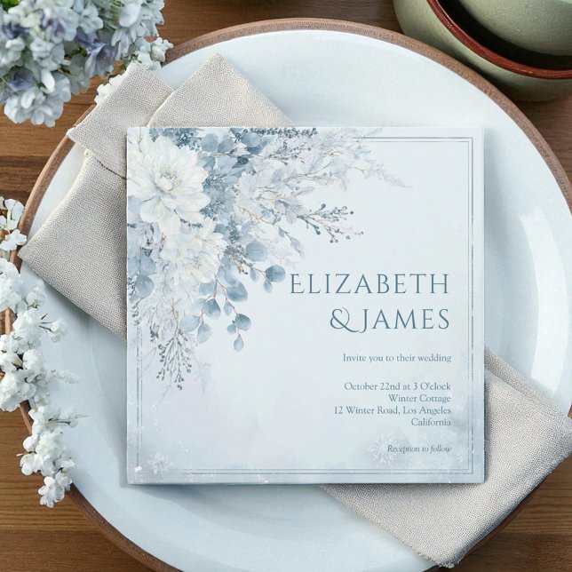Dusty Blue Silver Rose Winter Floral Wedding Einladung (Dusty Blue Silver Rose Winter Floral Wedding Invitation)