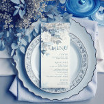 Dusty Blue Silver Rose Winter Floral Wedding Menükarte<br><div class="desc">Dusty Blue Silver Rose Winterblumen Hochzeitsmenü mit eleganter Kalligraphie Drehbuch moderne Aquarellfarben Blume Weiße Rosen und botanisches boho Design</div>