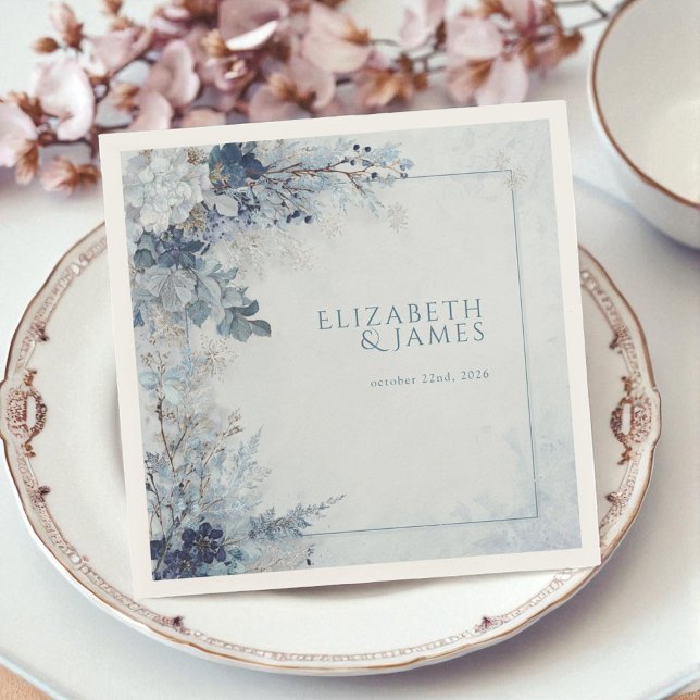 Dusty Blue Silver Rose Winter Floral Wedding Serviette (Dusty Blue Silver Rose Winter Floral Wedding Napkins)