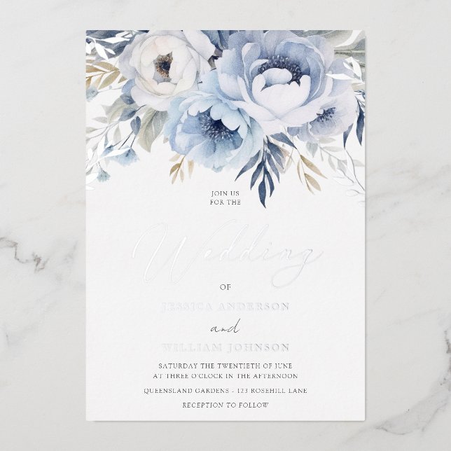Dusty Blue & Silver Sparkle Floral Wedding Folieneinladung (Vorderseite)