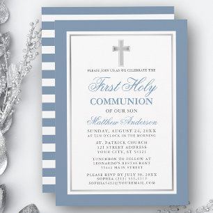 Dusty Blue Silver Striping First Holy Communion Einladung