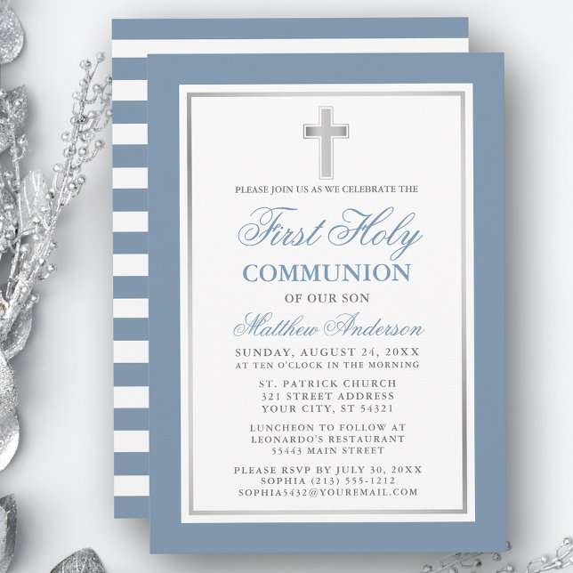 Dusty Blue Silver Striping First Holy Communion Einladung (Customize to change text size, color or text style.)