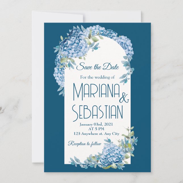 Dusty Blue & Silver Watercolor Floral Boho Wedding Einladung (Vorderseite)