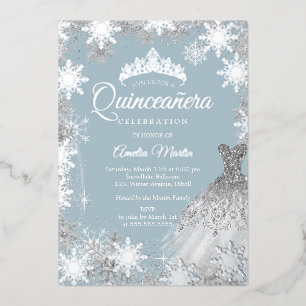 Dusty Blue Silver Winter Snowflake Quinceanera Folieneinladung