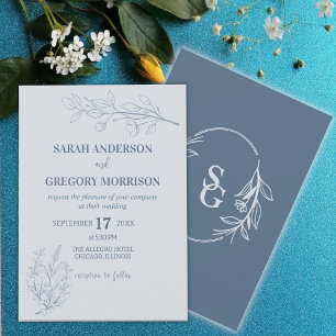 Dusty Blue Simple Boho Floral Bicolor Wedding Einladung