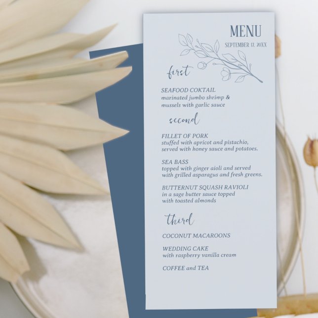 Dusty Blue Simple Boho Floral Wedding Menu Menükarte (Von Creator hochgeladen)