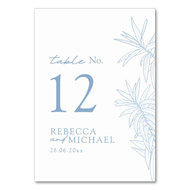 Dusty Blue Simple Botanical Tischnummer (Vorderseite)