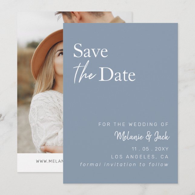 Dusty Blue Simple Calligraphy Foto Save the Date (Vorne/Hinten)