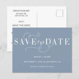 Dusty Blue Simple Calligraphy Save the Date Ankündigungspostkarte