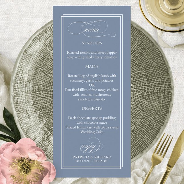 Dusty Blue Simple Elegant 4x9 Wedding Menu Menükarte (Von Creator hochgeladen)