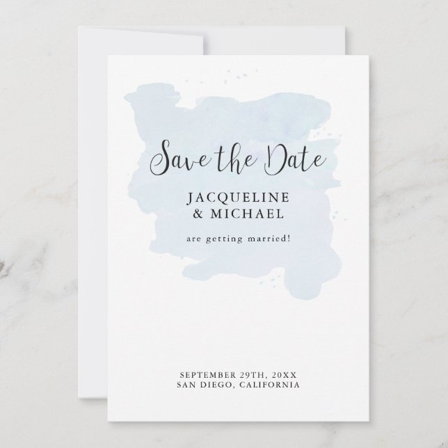 Dusty Blue Simple Elegante Modernes Script Wasserc Save The Date (Vorderseite)