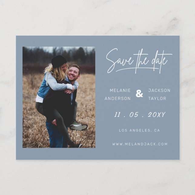 Dusty Blue Simple Foto Save the Date Ankündigungspostkarte (Vorderseite)