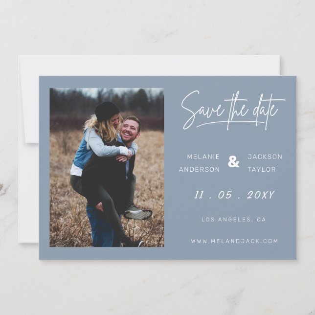Dusty Blue Simple Handwriting Foto Save The Date (Vorderseite)