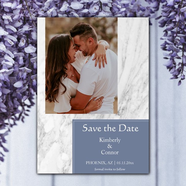 Dusty Blue Simple Marble Foto Save The Date (Dusty Blue Simple Marbled Photo Save the Date)