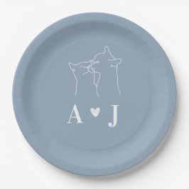 Dusty Blue Simple Minimalistisch Cat Monogram Wedd Pappteller