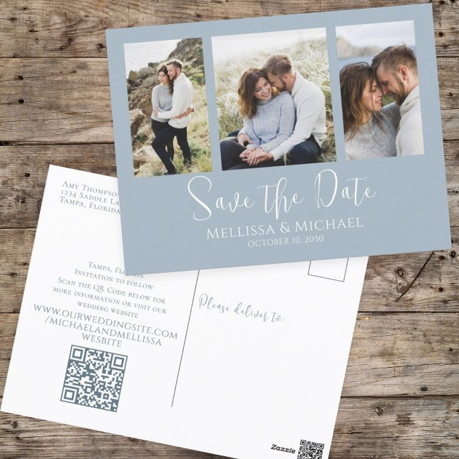 Dusty Blue Simple Minimalistisch Foto Collage QR C Postkarte (Von Creator hochgeladen)