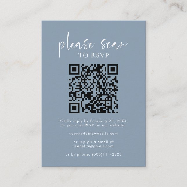 Dusty Blue Simple Minimalistisch QR Code Wedding R Begleitkarte (Vorderseite)